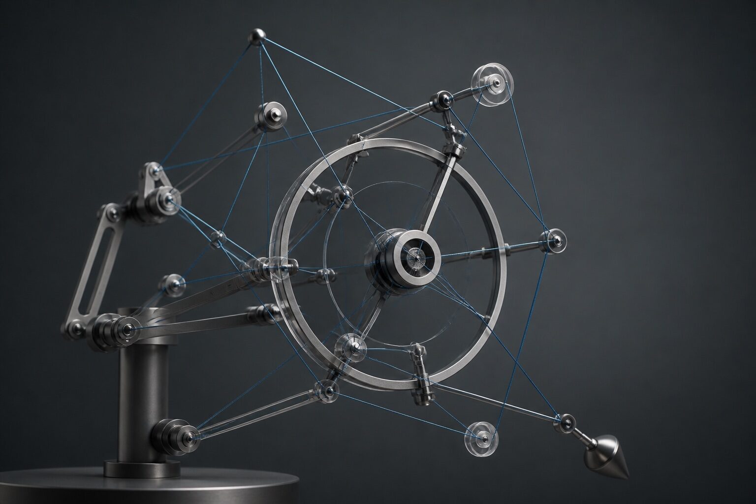 Abstract mechanical sculpture with articulated joints and blue threads