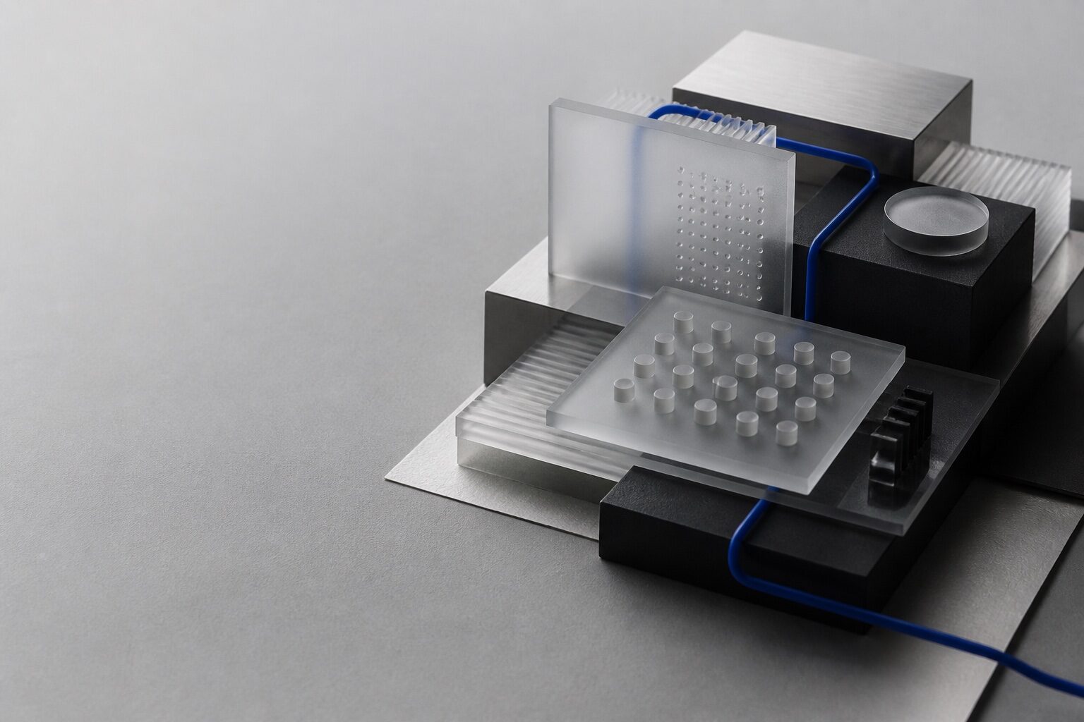 Abstract engineered system made from translucent layers and metal forms