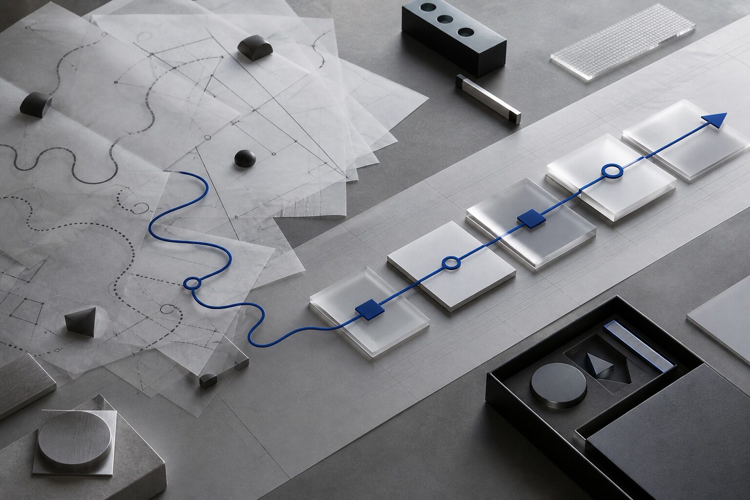Abstract workflow moving from scattered layers into an ordered blue path